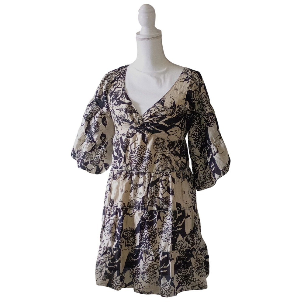 Max Studio XS Black Cream Botanical Print Puff Sleeve Tiered Mini Dress 9D04N63A